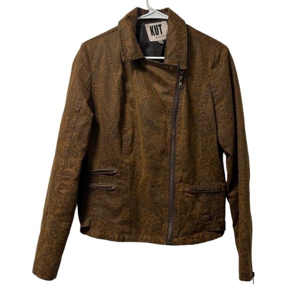 Kut From The Kloth Women Faux Suede Size Medium Zip Jacket Leopard Print Preppy